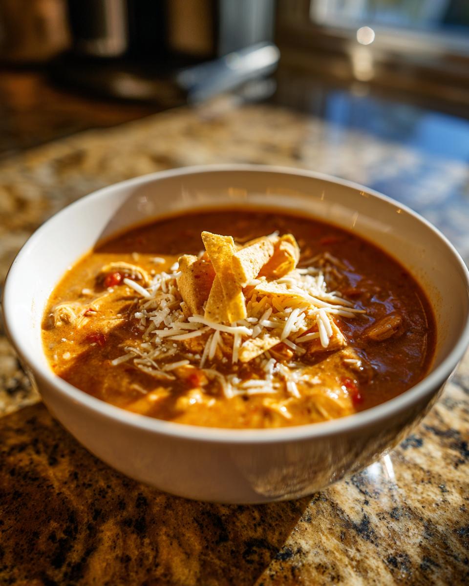 A close-up shot of a bowl of Chilis Chicken Enchilada Soup topped with shredded cheese and tortilla strips.
