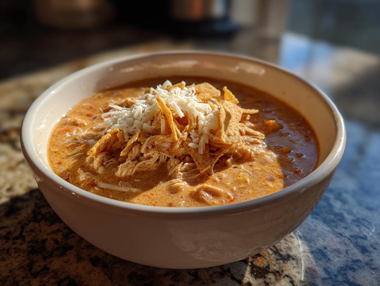 A bowl of creamy Chilis Chicken Enchilada Soup topped with shredded chicken, tortilla strips, and cheese.