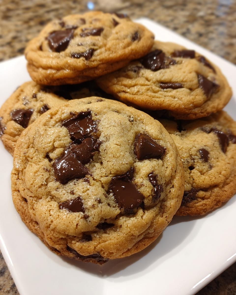 A close-up view of a stack of freshly baked chocolate chip cookies on a white plate.