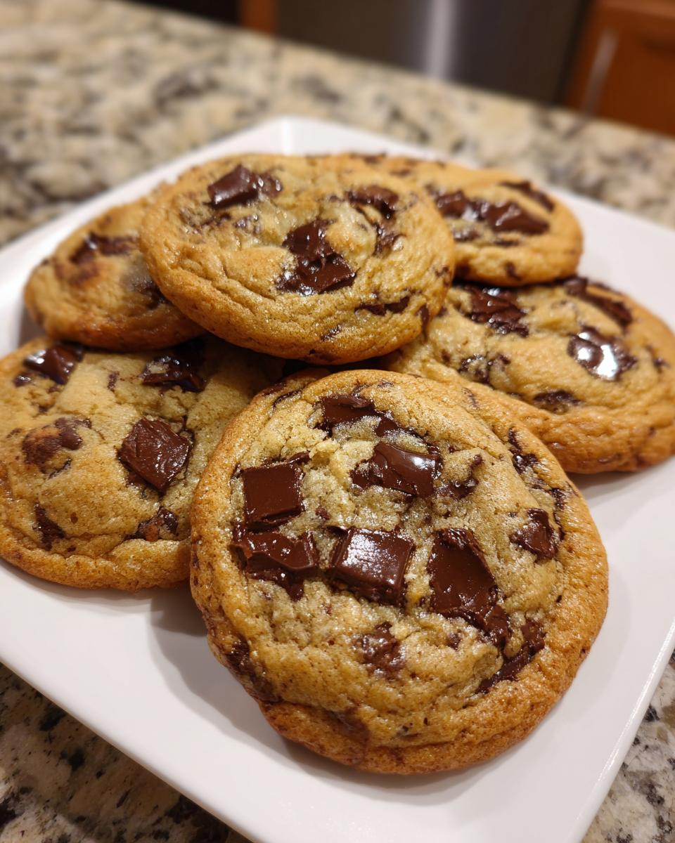 A close-up of several classic chocolate chip cookies piled on a white plate, showcasing melted chocolate chunks.