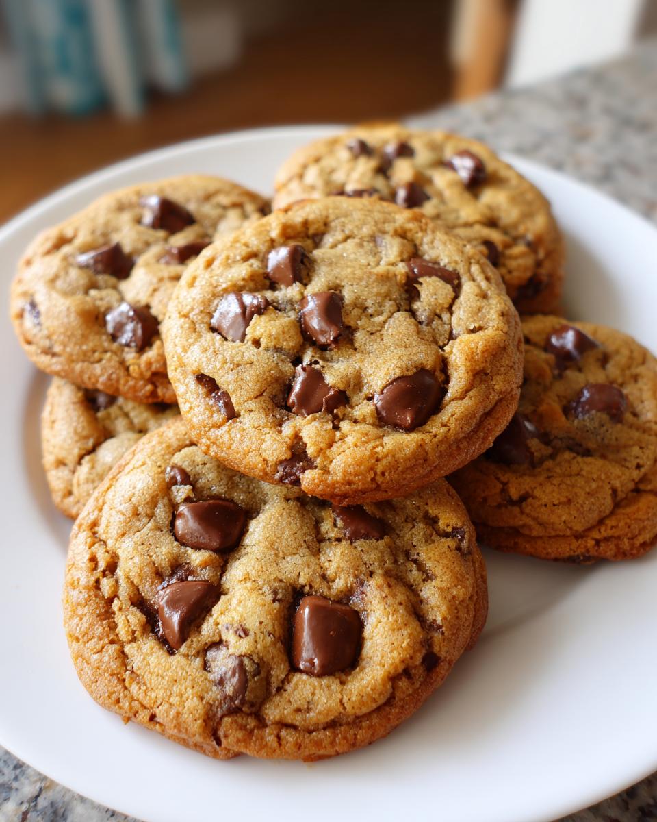 A close-up of several freshly baked chocolate chip cookies piled on a white plate.