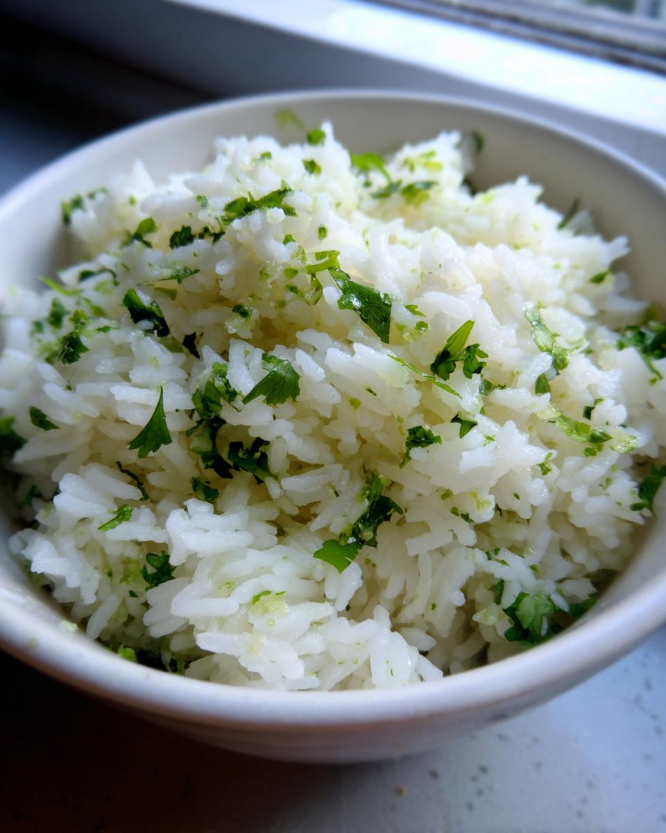 A close-up of fluffy cilantro lime rice in a white bowl, with visible cilantro and lime zest.