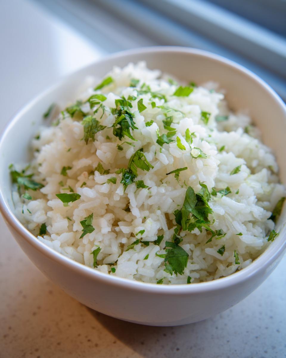 A close-up of fluffy cilantro lime rice in a white bowl, garnished with fresh cilantro.