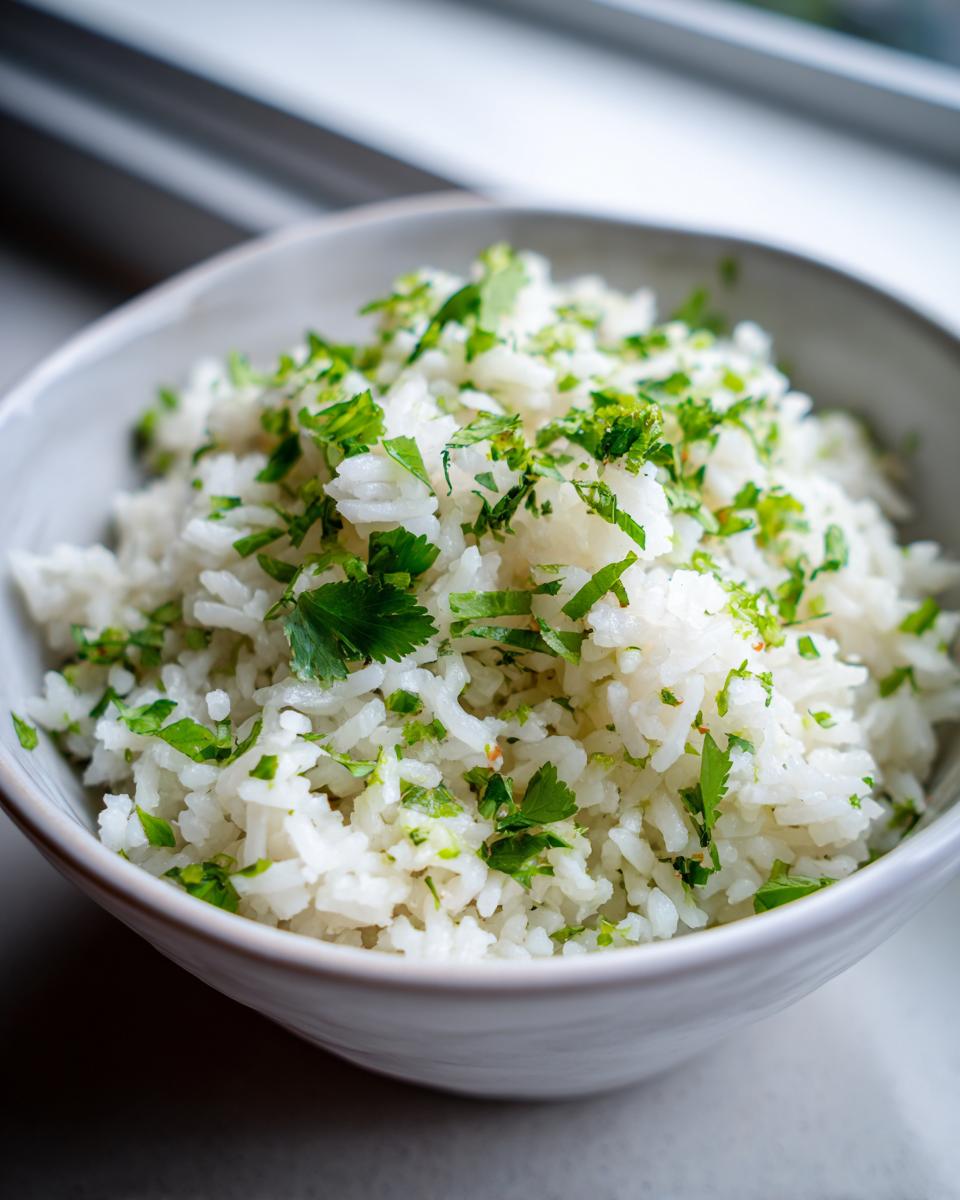 Close-up of fluffy cilantro lime rice in a white bowl, topped with fresh cilantro and lime zest.