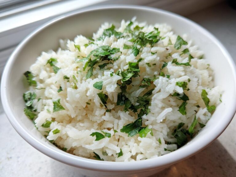 A close-up of fluffy cilantro lime rice in a white bowl, garnished with fresh green cilantro.