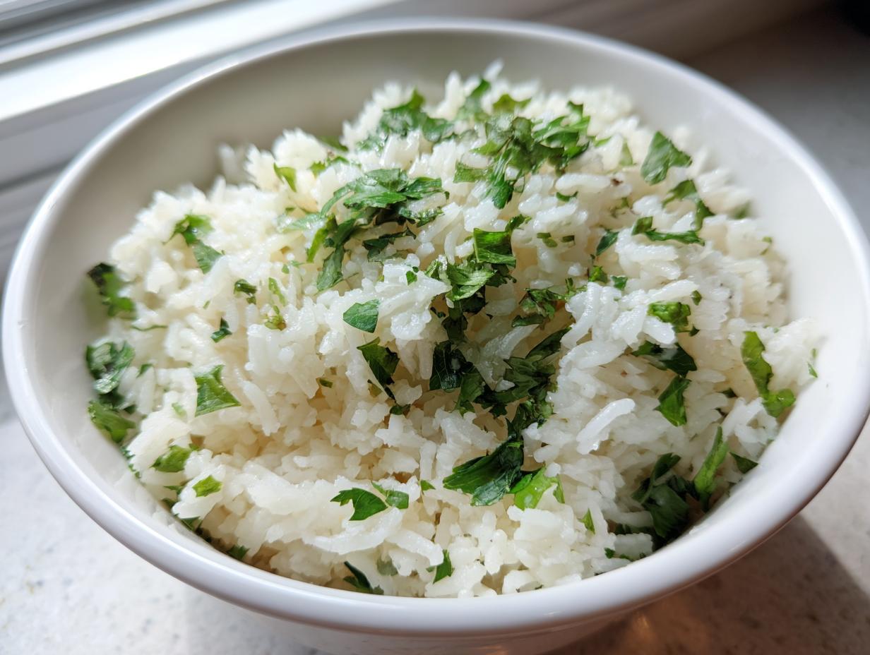 A close-up of fluffy cilantro lime rice in a white bowl, garnished with fresh green cilantro.
