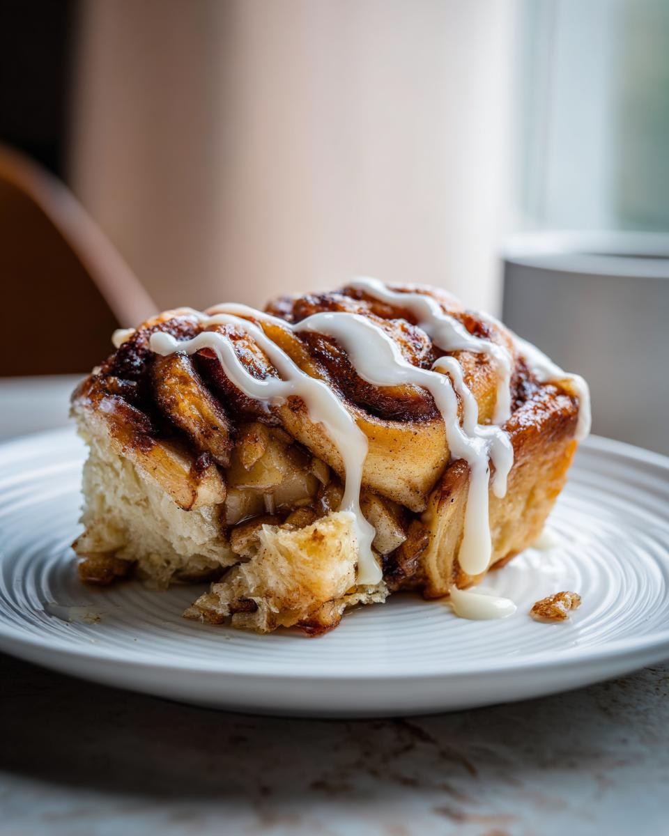 A close-up of a delicious cinnamon roll apple bake, drizzled with white icing, on a white plate.