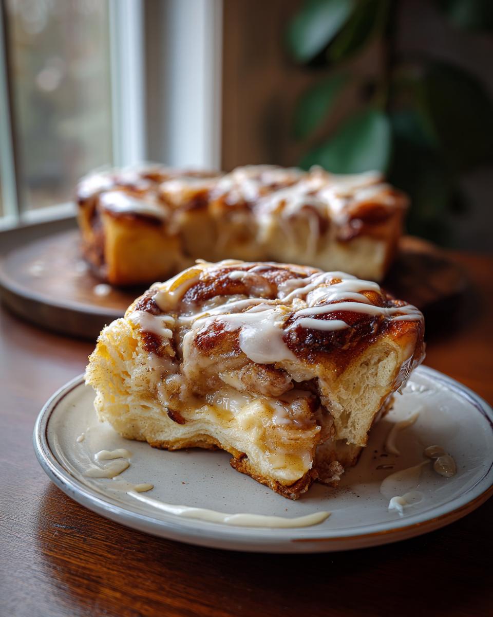 Close-up of a slice of cinnamon roll apple bake, drizzled with icing, on a plate.