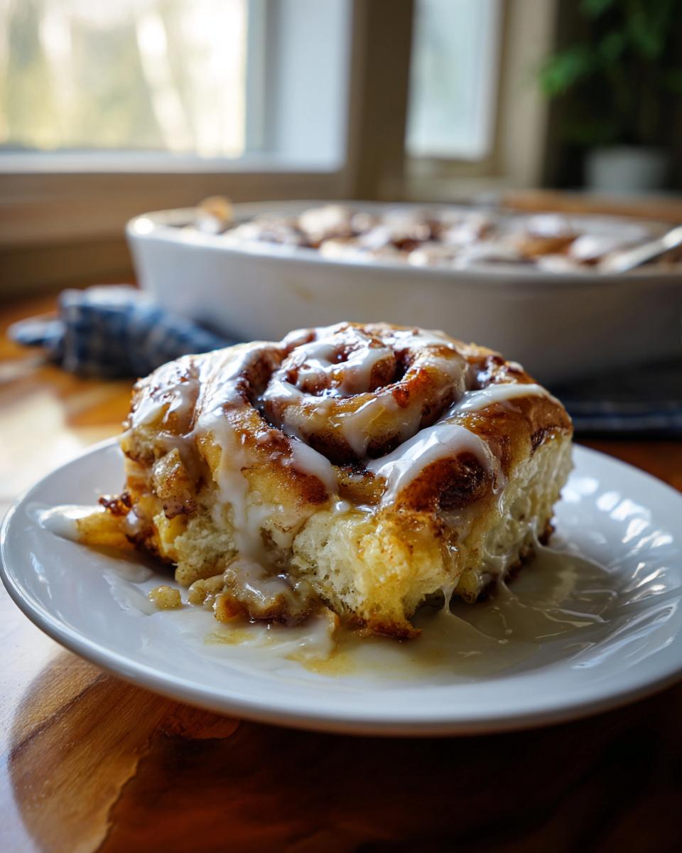 A close-up of a delicious slice of cinnamon roll apple bake, drizzled with icing.