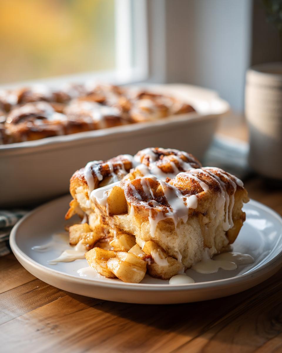 A close-up of a slice of cinnamon roll apple bake, drizzled with white glaze.