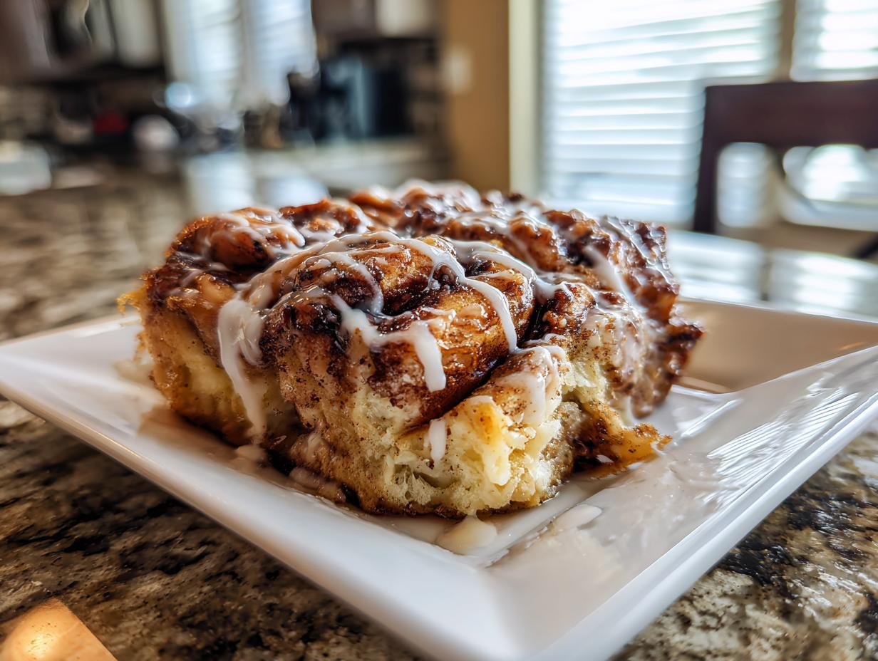 A close-up of a slice of cinnamon roll apple bake, drizzled with white icing.