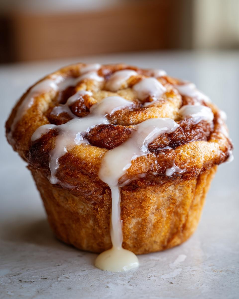 Close-up of a golden-brown cinnamon roll muffin topped with a sweet white glaze dripping down the side.