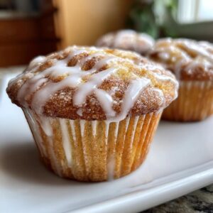 Close-up of a moist cinnamon roll muffin topped with a sweet white glaze.