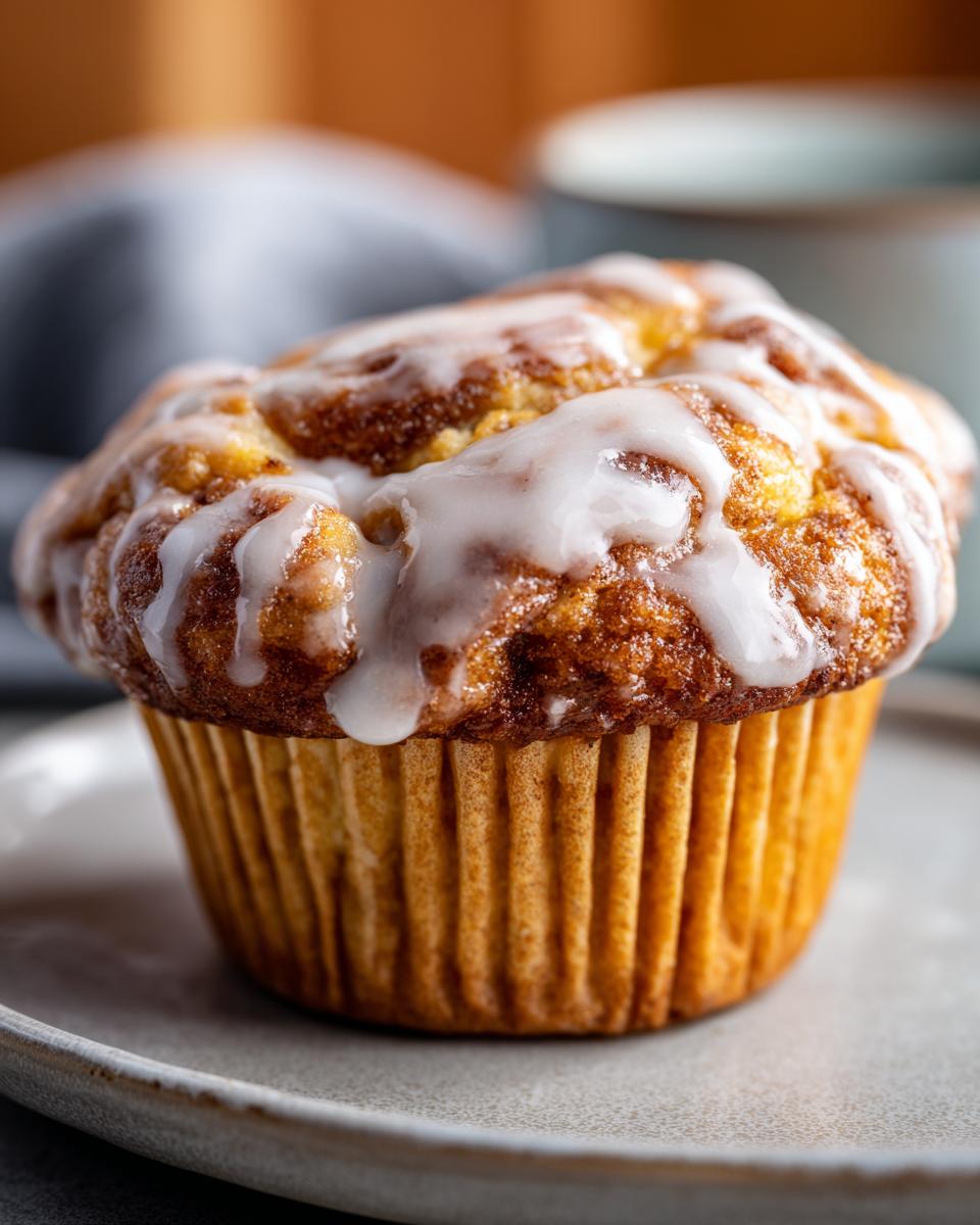Close-up of a moist cinnamon roll muffin topped with a sweet white glaze.