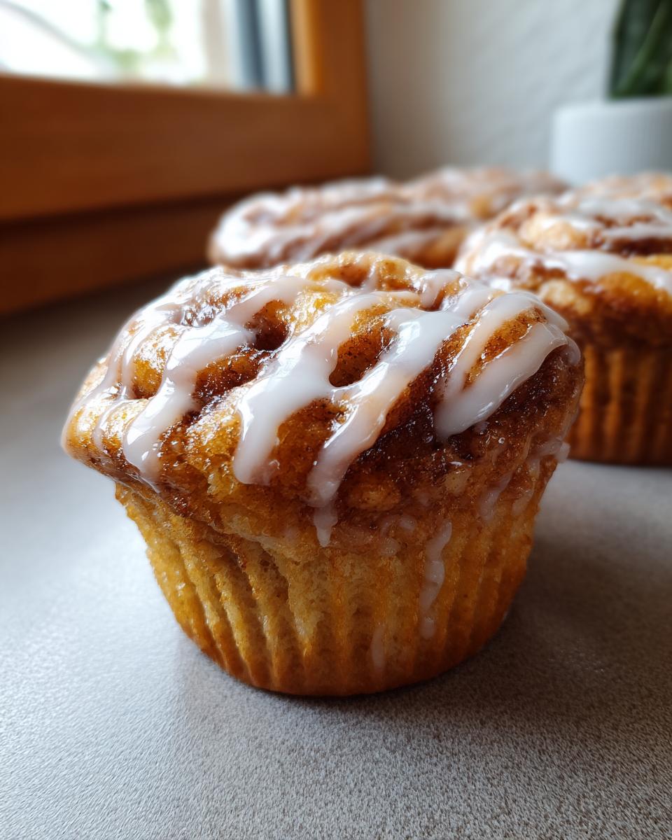 Close-up of a freshly baked cinnamon roll muffin topped with white glaze.