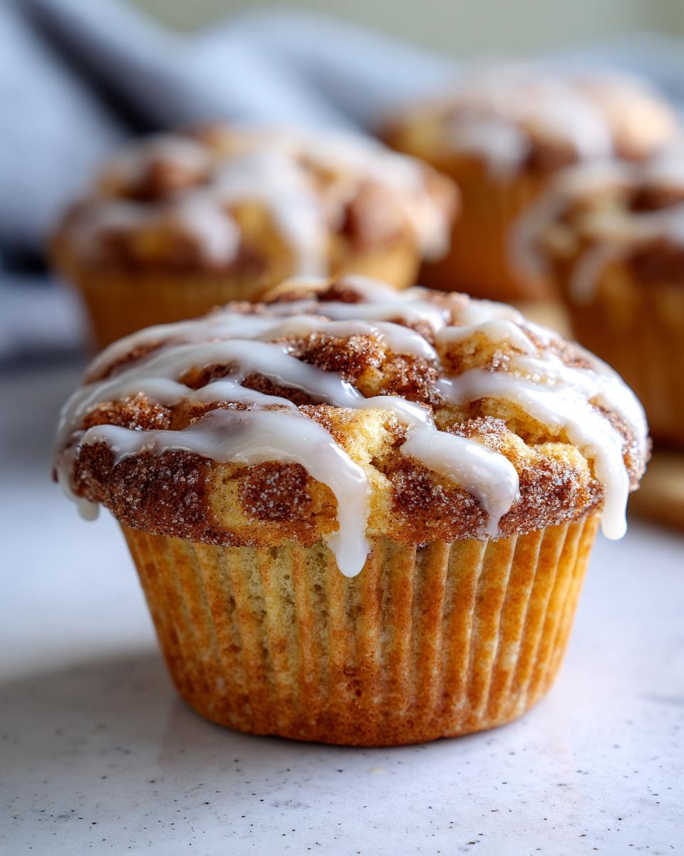 Close-up of a freshly baked cinnamon roll muffin topped with a sweet glaze.