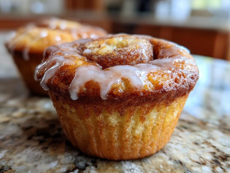 Close-up of a freshly baked cinnamon roll muffin with a swirl of cinnamon and a drizzle of white glaze.
