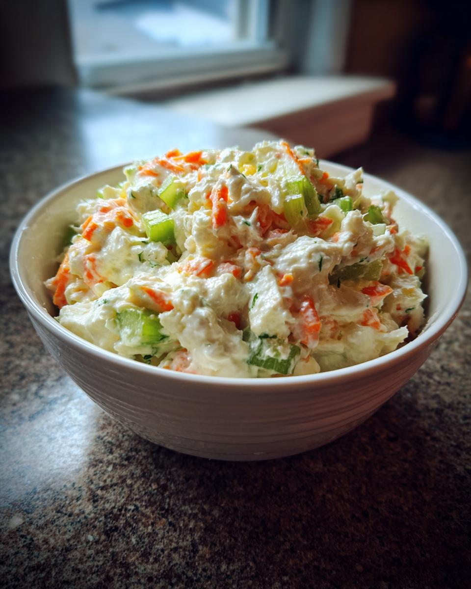 A bowl of creamy classic chicken salad mixed with shredded carrots and chopped celery.