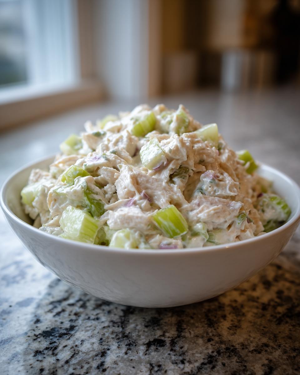 A close-up of a white bowl filled with creamy classic chicken salad, featuring chunks of chicken, celery, and red onion.