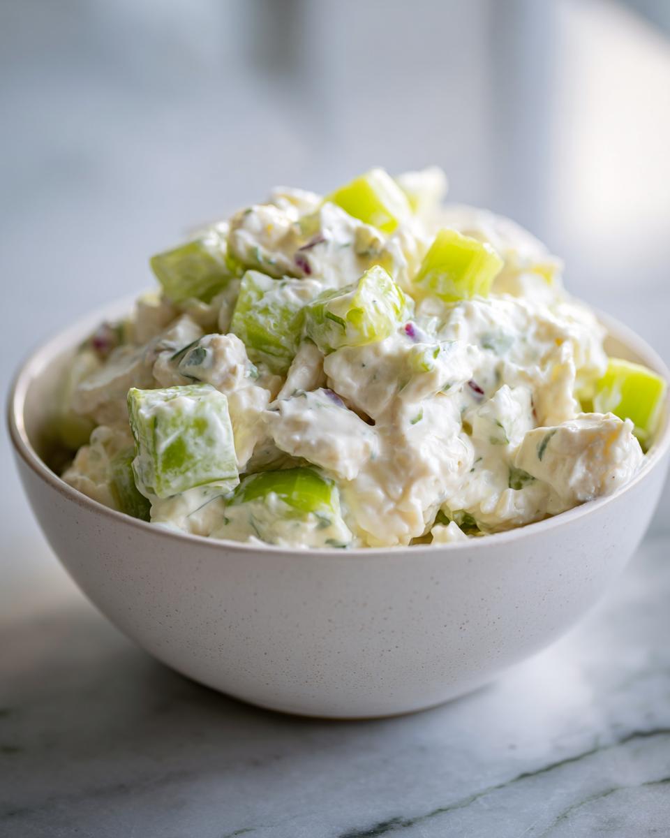 A close-up of a bowl filled with creamy classic chicken salad, featuring chunks of chicken, celery, and herbs.
