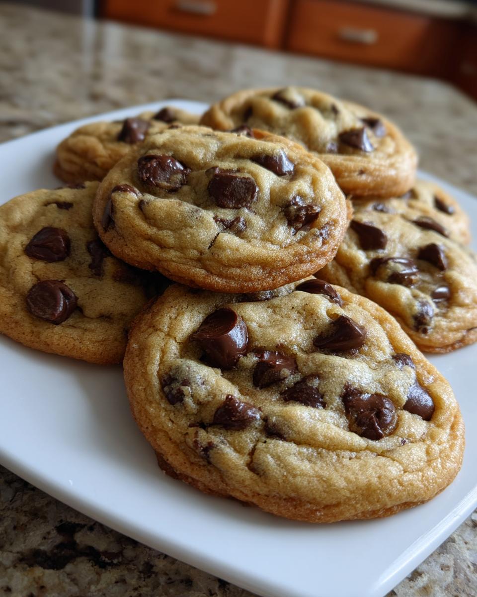 A close-up of several golden-brown classic chocolate chip cookies piled on a white plate.