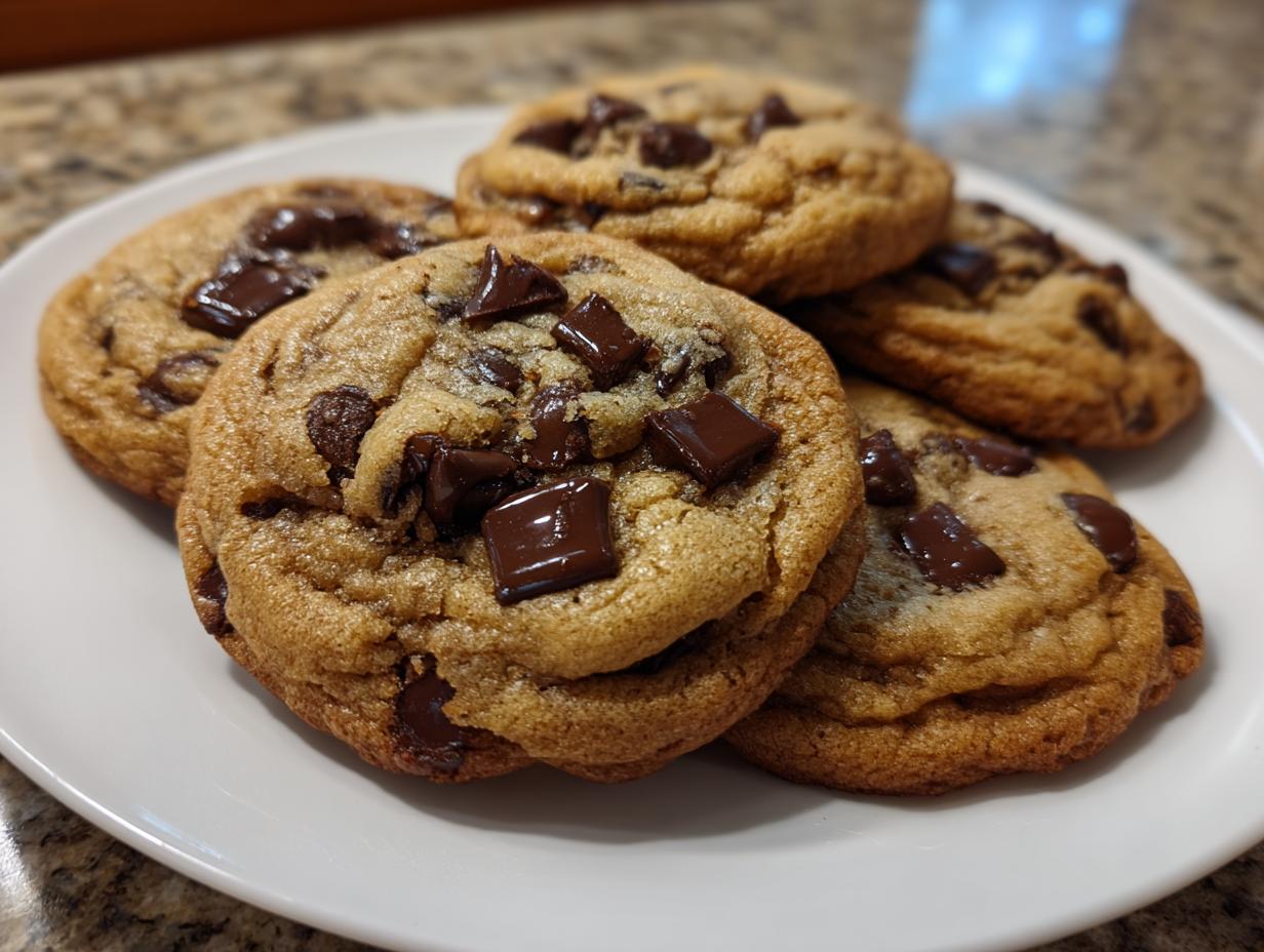 A close-up of several classic chocolate chip cookies piled on a white plate, featuring generous amounts of melted chocolate chips.