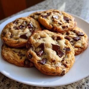 A close-up shot of several classic chocolate chip cookies piled on a white plate, showcasing generous chunks of dark chocolate.