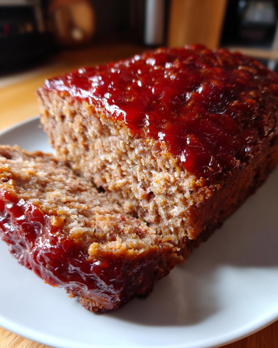 A close-up of a slice of tender classic meatloaf topped with a shiny red glaze.