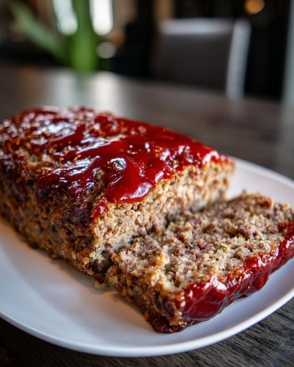A slice of tender classic meatloaf topped with a glossy red glaze, served on a white plate.
