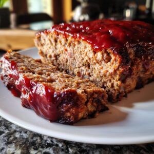 A close-up of a tender classic meatloaf, sliced and topped with a rich glaze.