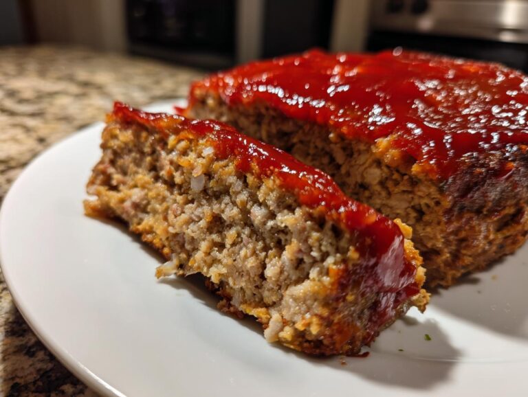 A slice of tender classic meatloaf topped with a glossy ketchup glaze on a white plate.