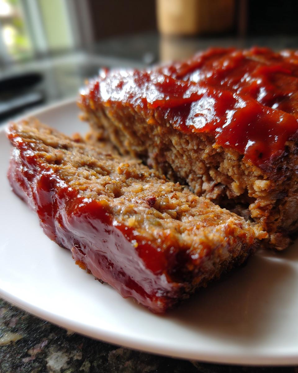 Close-up of a slice of tender classic meatloaf topped with a glossy red glaze.