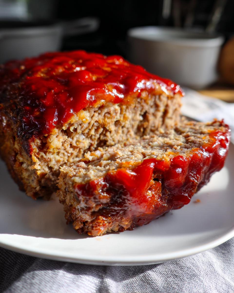 A close-up of a slice of tender classic meatloaf topped with a glossy red glaze.