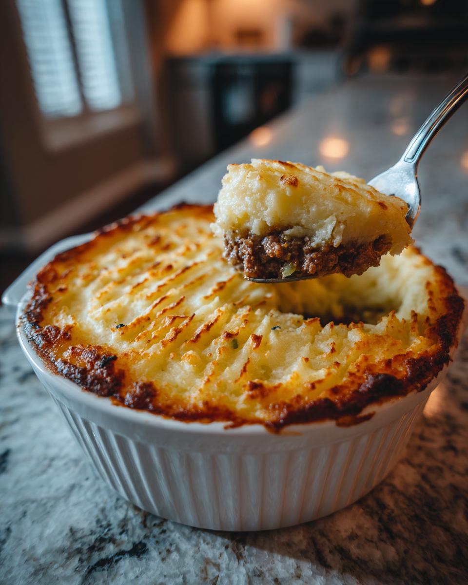 A fork lifts a generous portion of classic shepherd's pie, revealing layers of seasoned ground meat and fluffy mashed potatoes.