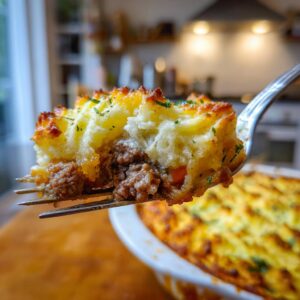 A fork lifts a generous slice of classic shepherd's pie, revealing layers of seasoned ground beef and fluffy mashed potatoes.