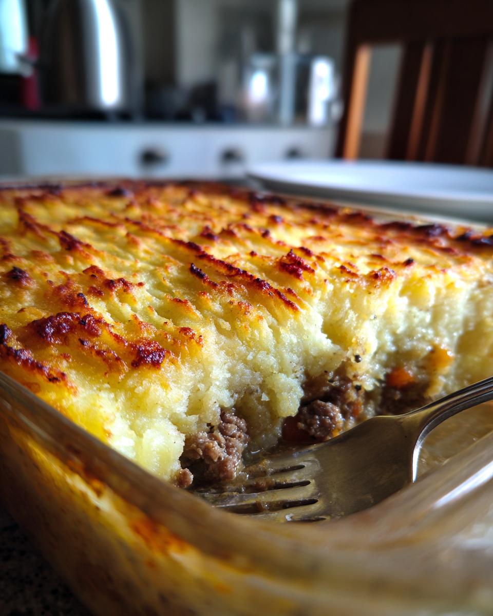 A close-up of a freshly baked classic shepherd's pie with a golden brown mashed potato topping and a fork digging in.