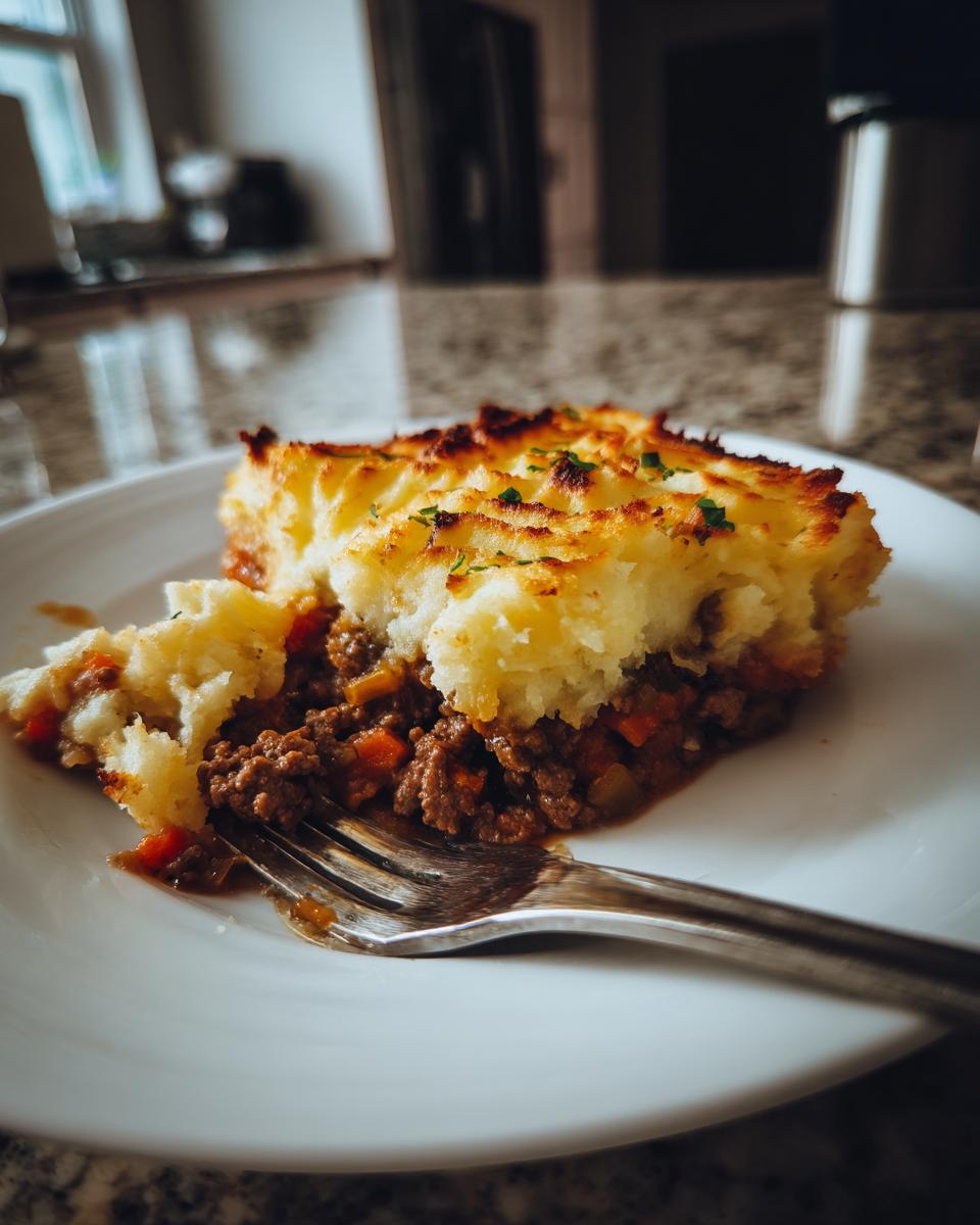 A hearty slice of classic shepherd's pie on a white plate, with a fork resting on it.