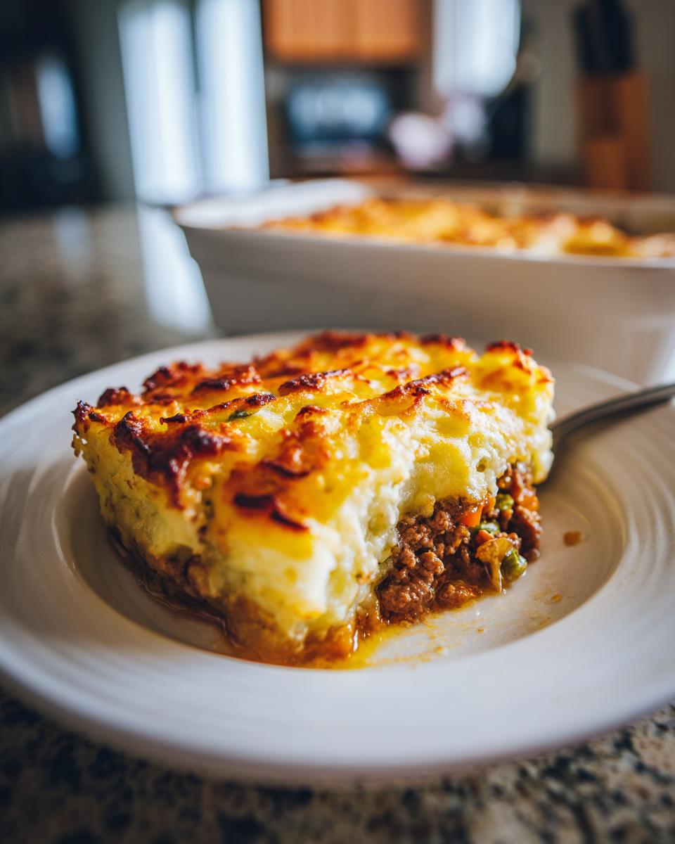 A close-up of a hearty slice of classic shepherd's pie with a golden-brown mashed potato topping.