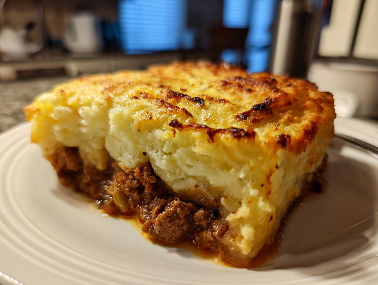 A close-up of a hearty slice of classic shepherd's pie, featuring a golden-brown mashed potato topping over a rich ground meat filling.