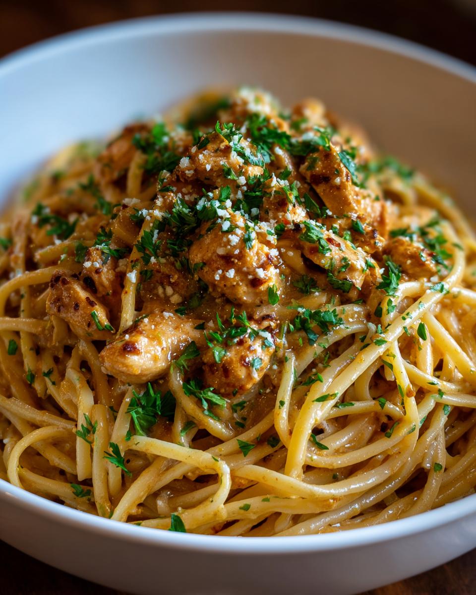 A close-up of Cowboy Butter Chicken Linguine in a white bowl, topped with chopped parsley and grated cheese.