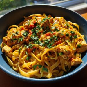 A close-up of Cowboy Butter Chicken Linguine in a blue bowl, garnished with fresh parsley.