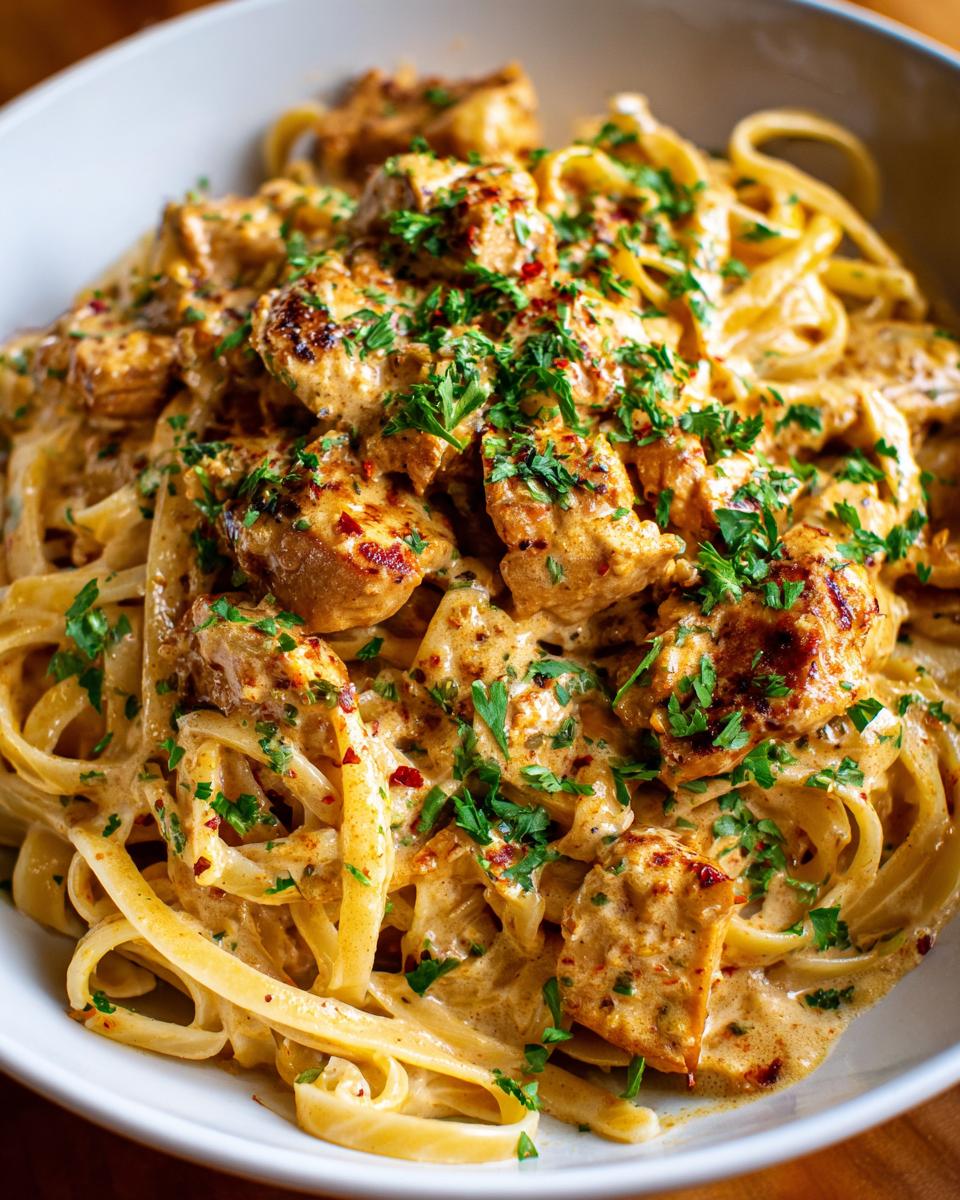 A close-up of Cowboy Butter Chicken Linguine, featuring creamy sauce, tender chicken pieces, and fresh parsley.
