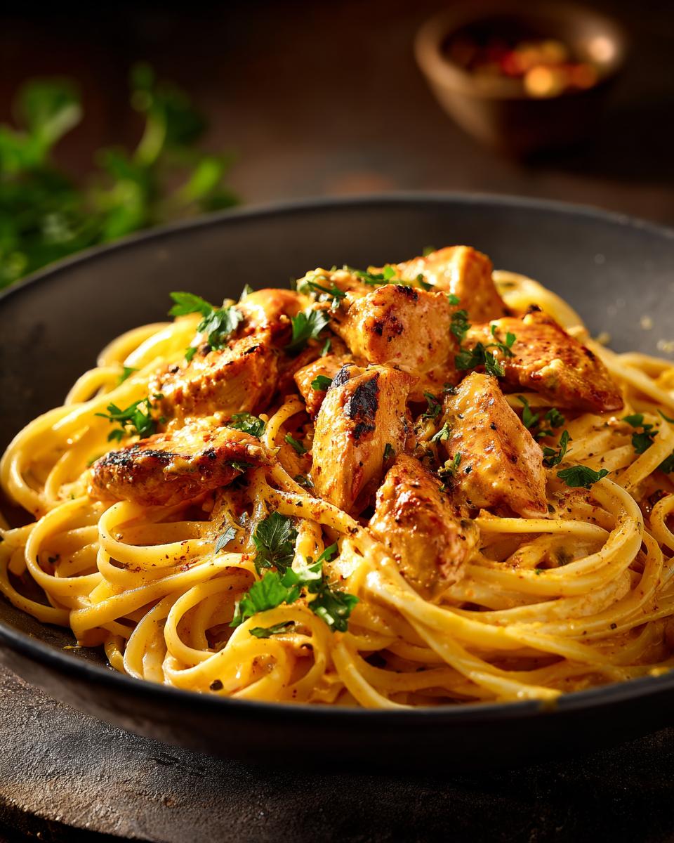 A close-up of Cowboy Butter Chicken Linguine, featuring tender chicken pieces and linguine pasta coated in a creamy sauce, garnished with parsley.