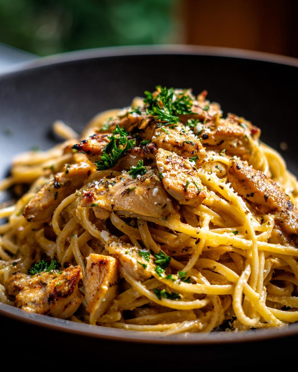A close-up of Cowboy Butter Chicken Linguine, featuring tender chicken pieces and linguine pasta coated in a creamy sauce, topped with fresh parsley.