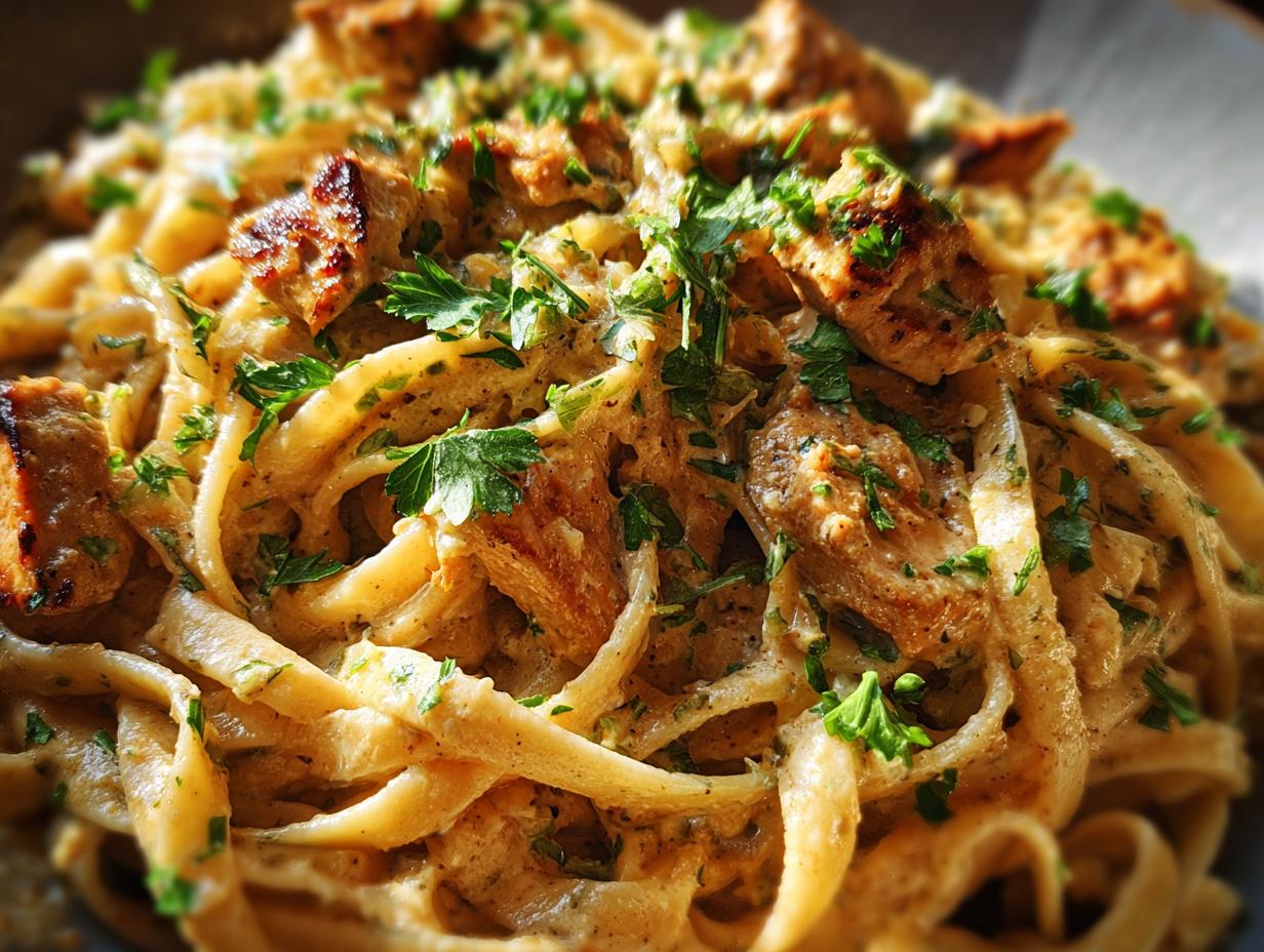 A close-up shot of Cowboy Butter Chicken Linguine, featuring creamy pasta, tender chicken pieces, and fresh parsley.