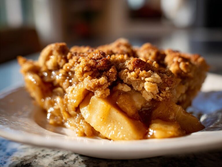 A close-up view of a generous slice of apple crisp on a white plate, showcasing tender baked apples and a crumbly oat topping.