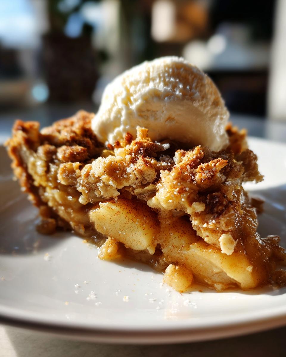 A close-up of a slice of warm apple crisp topped with a scoop of vanilla ice cream.