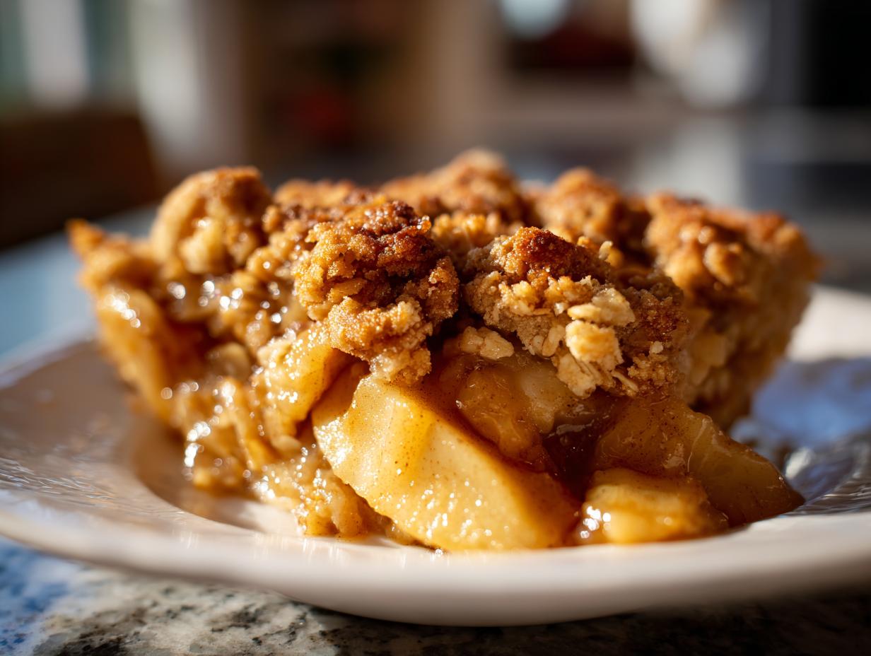 A close-up view of a generous slice of apple crisp on a white plate, showcasing tender baked apples and a crumbly oat topping.