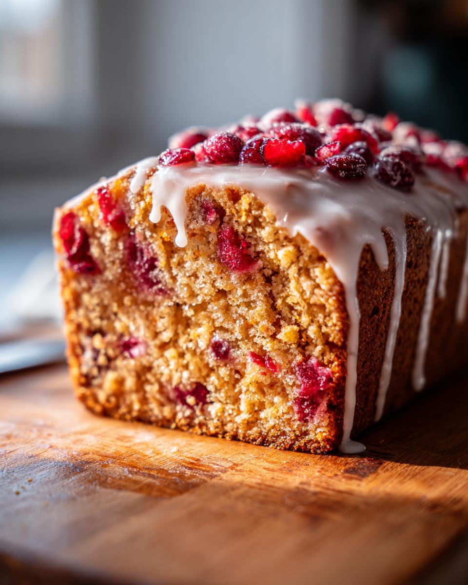 Close-up of a moist cranberry orange bread loaf drizzled with white icing and topped with cranberries.