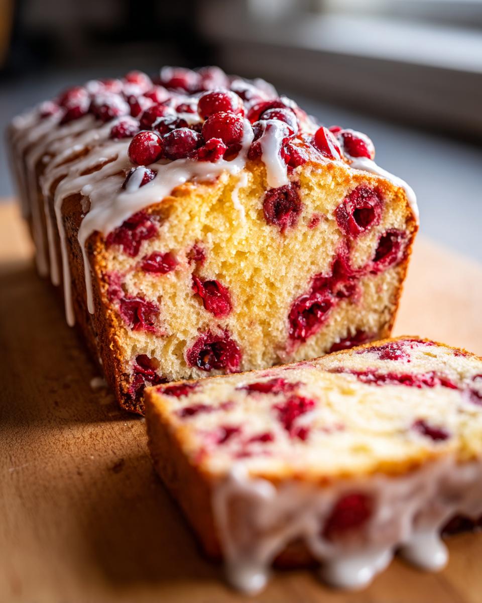 A moist cranberry orange bread loaf, topped with fresh cranberries and a white glaze, with one slice cut.
